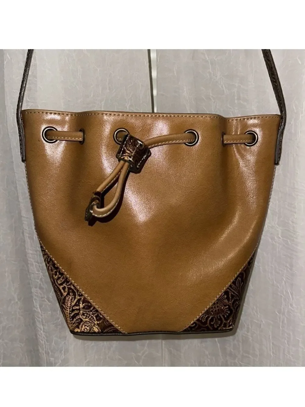 NINE WEST Taupe Brown Engraved Faux Leather Floral Drawstring Bucket Bag Purse